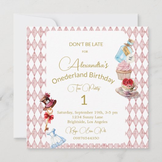 1e verjaardag Alice in Wonderland Floral Square Kaart (Achterkant)