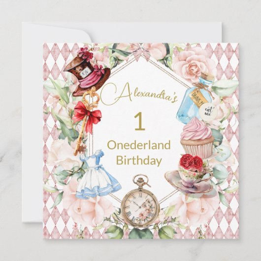 1e verjaardag Alice in Wonderland Floral Square Kaart (Voorkant)