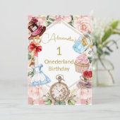 1e verjaardag Alice in Wonderland Gingham Pink Kaart (Staand voorkant)