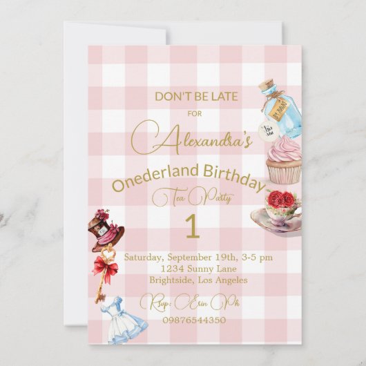 1e verjaardag Alice in Wonderland Gingham Pink Kaart (Achterkant)