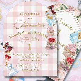 1e verjaardag Alice in Wonderland Gingham Pink Kaart
