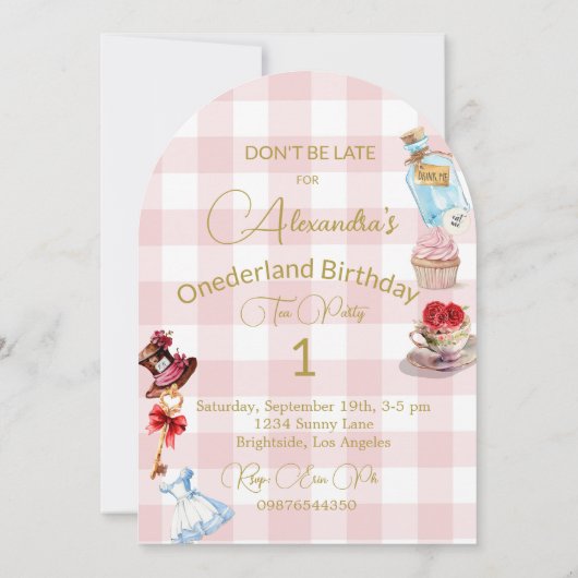 1e verjaardag Alice in Wonderland Gingham Pink Kaart (Achterkant)