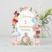 1e verjaardag Alice in Wonderland Gingham Pink Kaart (Staand voorkant)