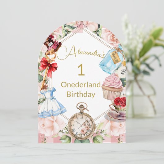 1e verjaardag Alice in Wonderland Gingham Pink Kaart (Staand voorkant)