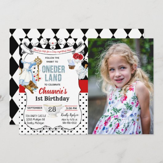 1e verjaardag Alice in Wonderland Uitnodiging (Voorkant / Achterkant)