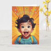 1e verjaardag Aziatische Baby Boy in Oranje stripb Kaart (Gele Bloem)