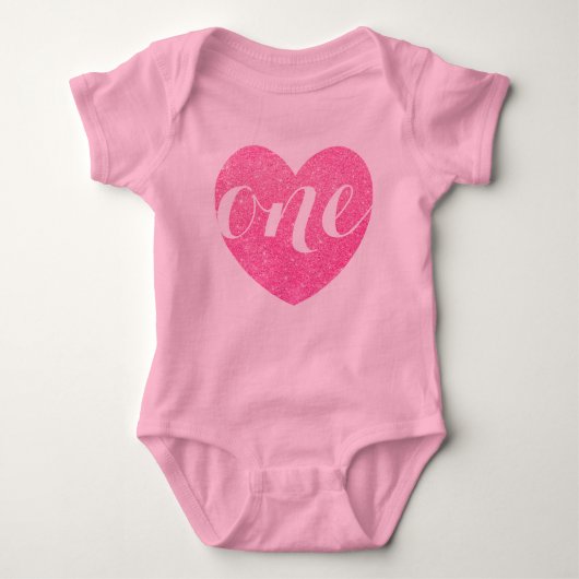 1e verjaardag Baby Girl Glitter hartdruk Roze Romper (Voorkant)