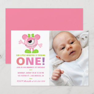 1e verjaardag Baby Girl Little Monster Invitation Kaart