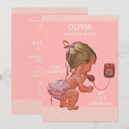 1e verjaardag Baby Meisje op Telefoon Roze Chevron Kaart (Voorkant / Achterkant)