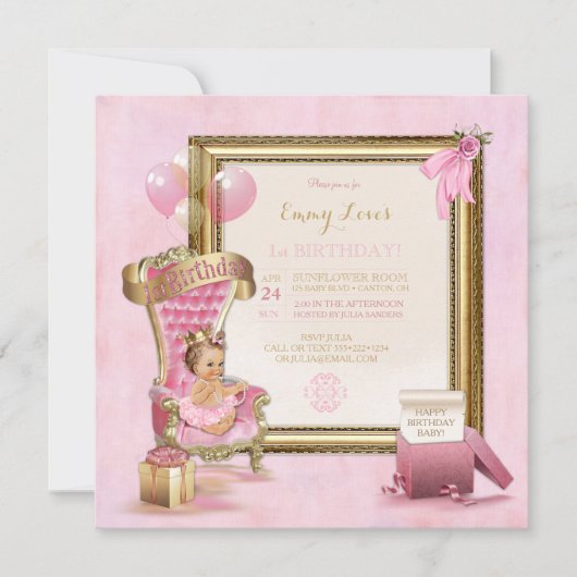 1e Verjaardag Baby Meisje Prinses Troon Gold Pink Kaart (Voorkant)