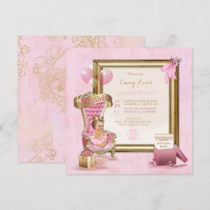 1e verjaardag baby meisje prinses troon goud roze kaart