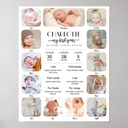 1e verjaardag baby mijlpaal aangepaste foto-collag poster (Voorkant)