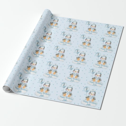 1e verjaardag Baby Penguin Blauw Cadeaupapier (Uitgerold)