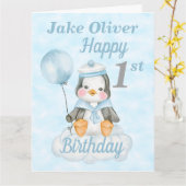1e verjaardag Baby Penguin Blue Big Card Kaart (Gele Bloem)