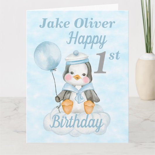 1e verjaardag Baby Penguin Blue Big Card Kaart (Voorkant)