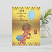 1e verjaardag Baby Phone Ballon Gold Chevrons Kaart (Staand voorkant)