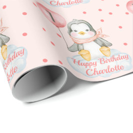 1e verjaardag Baby Pinguïn Roze Cadeaupapier