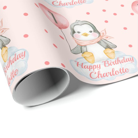 1e verjaardag Baby Pinguïn Roze Cadeaupapier (Rol Hoek)