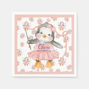 1e verjaardag Ballerina Penguin Roze Papier Servet