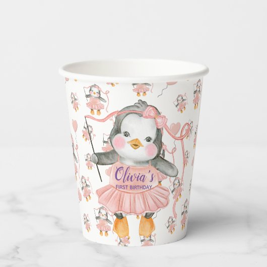1e verjaardag Ballerina Penguin Roze Papieren Bekers (Achterkant)