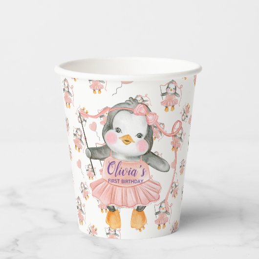 1e verjaardag Ballerina Penguin Roze Papieren Bekers (Voorkant)