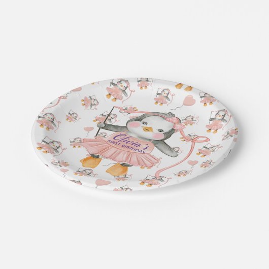 1e verjaardag Ballerina Penguin Roze Papieren Bordje (Gekanteld)