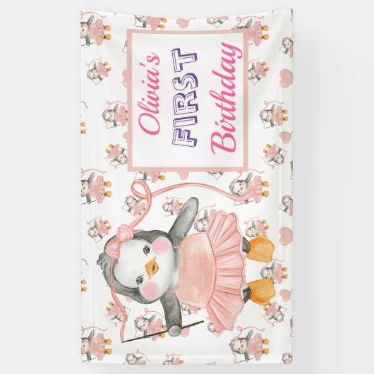 1e verjaardag Ballerina Penguin Roze Spandoek (Verticaal)