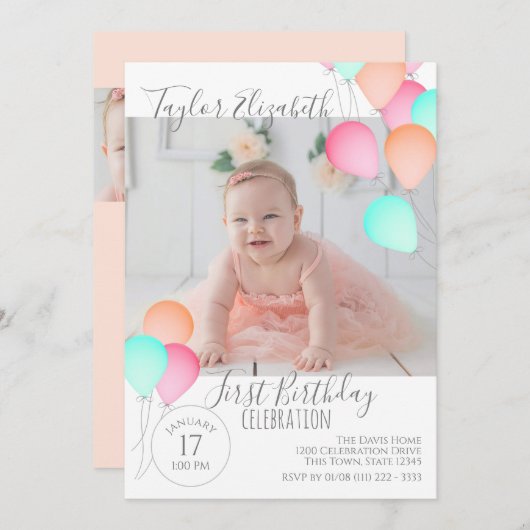 1e Verjaardag Ballonnen Helder Kleurrijk Feestelij Kaart (Voorkant / Achterkant)