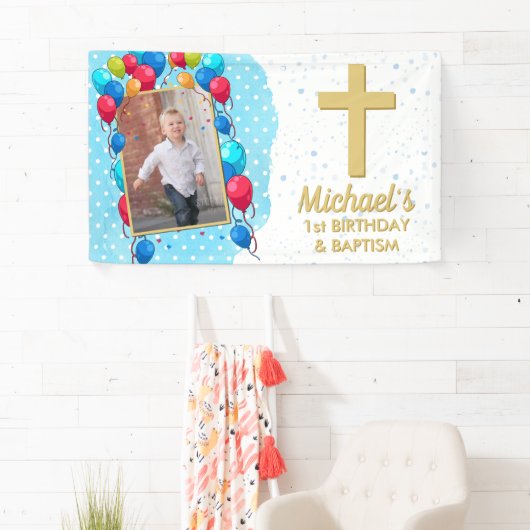 1e verjaardag Baptism Blue Boy Gold Foto Spandoek (Insitu)