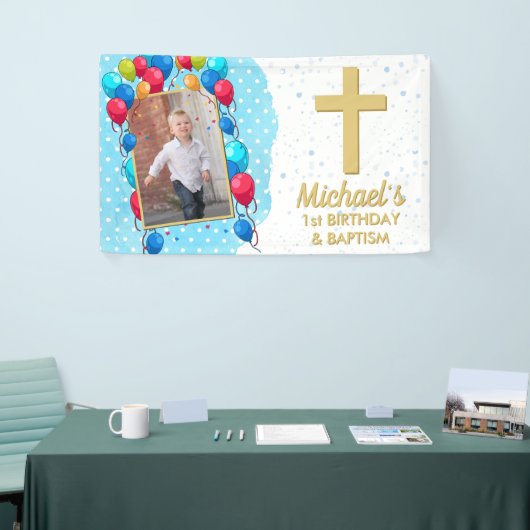 1e verjaardag Baptism Blue Boy Gold Foto Spandoek (Beurs)