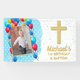 1e verjaardag Baptism Blue Boy Gold Foto Spandoek