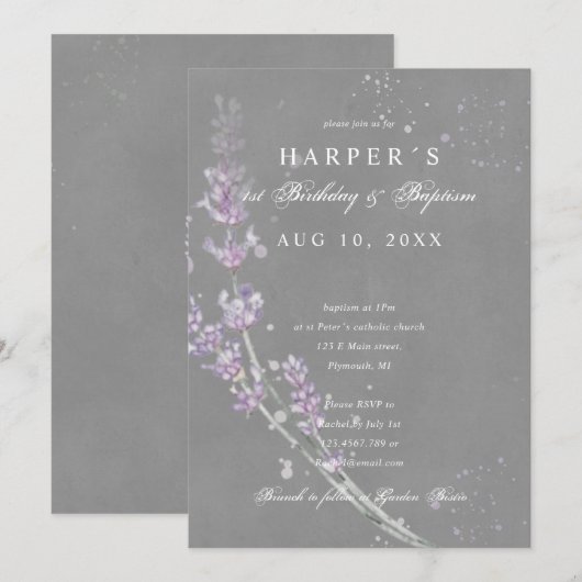 1e verjaardag Baptisme lavender bloemen grijs Kaart (Voorkant / Achterkant)