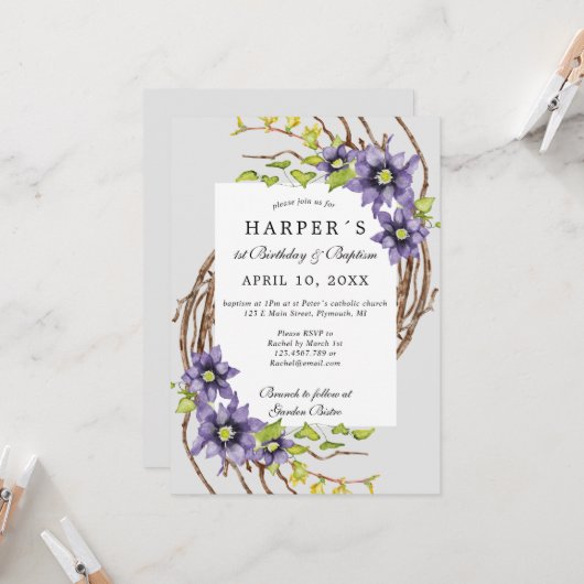 1e verjaardag Baptisme spring bloemen en kale twij Kaart (Voorkant / Achterkant in situ)