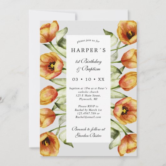1e verjaardag Baptisme spring bloemen en tulpen Kaart (Voorkant)