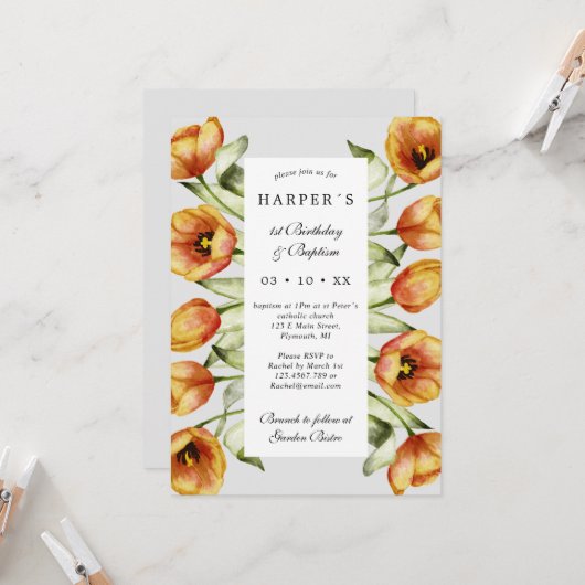 1e verjaardag Baptisme spring bloemen en tulpen Kaart (Voorkant / Achterkant in situ)