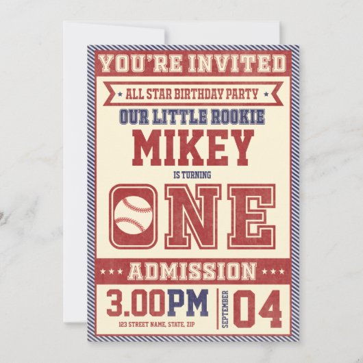 1e verjaardag  Baseball Uitnodiging (Voorkant)