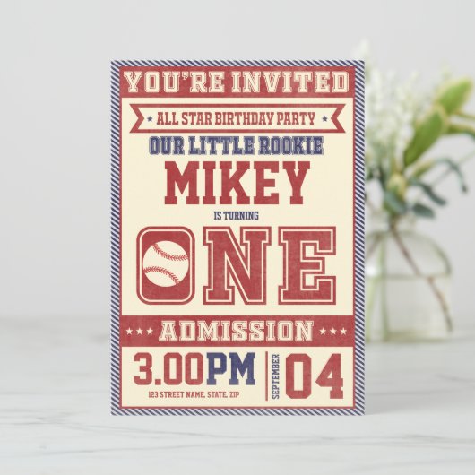 1e verjaardag Baseball Uitnodiging (Staand voorkant)