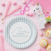 1E Verjaardag Beach Club Custom Naam Stripe Blue Papieren Bordje (Feest)