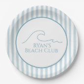 1E Verjaardag Beach Club Custom Naam Stripe Blue Papieren Bordje (Voorkant)