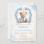 1e Verjaardag Beer Blue Balloons Invitation Kaart (Voorkant)
