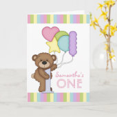 1e Verjaardag Beer Regenboogstrepen en Ballonnen Kaart (Gele Bloem)