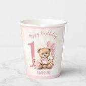 1e verjaardag Beer roze ballonnen papieren bekers (Achterkant)