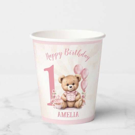 1e verjaardag Beer roze ballonnen papieren bekers (Achterkant)
