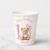 1e verjaardag Beer roze ballonnen papieren bekers (Voorkant)