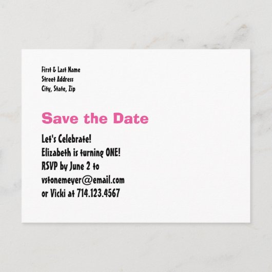 1e verjaardag Bewaar de datum Roze Wit voor MEISJE Aankondigingskaart (Achterkant)