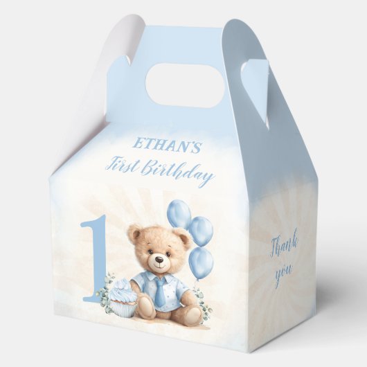 1e Verjaardag Blauw Beige Beer Nummer Medium Gable Bedankdoosjes (Voorkant)