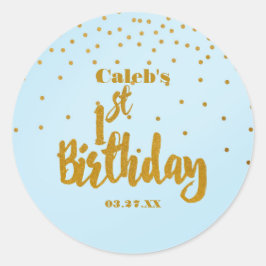 1e verjaardag blauw & goud folie confetti stip sti ronde sticker