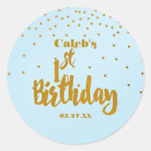 1e Verjaardag Blauw & Gouden Folie Confetti Dot St Ronde Sticker