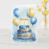 1e Verjaardag Blauwe Ballonnen Blueberry Boy Naam Kaart (Gele Bloem)