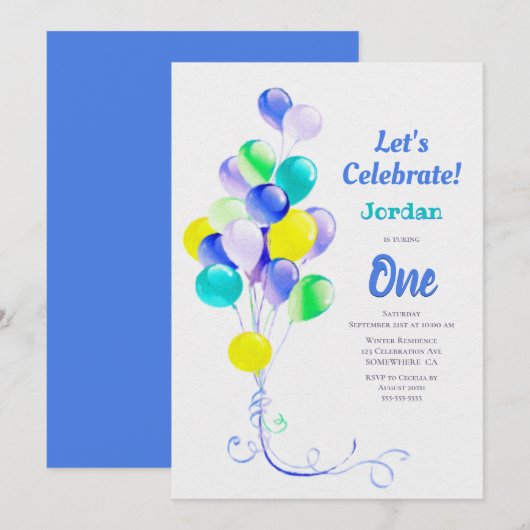 1e verjaardag Blauwe Ballonpartij Kaart (Voorkant / Achterkant)